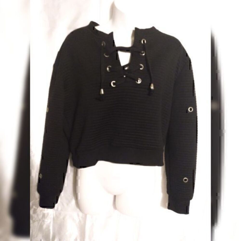 Black Ribbed Cut out Lace up Cropped Tassel Sweater XL
